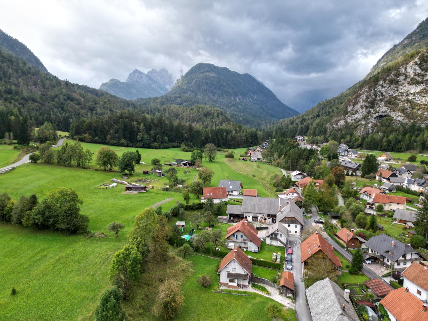 Mojstrana with views of hills
